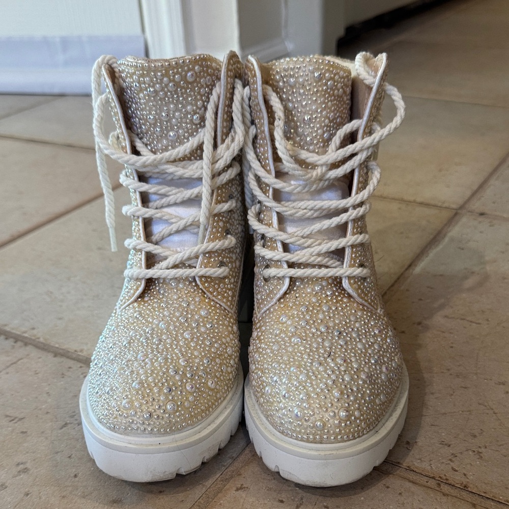 Betsey Johnson Cream Rhinestone Women's Boots